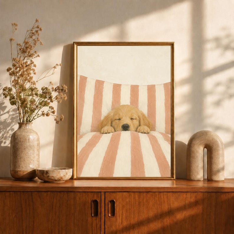 Sleeping Golden Retriever Oil Painting, Puppy in Bed Print, Peach Nursery Wall Art, Boho Bedroom Decor, Vintage Dog Poster, Puppy Lover Gift