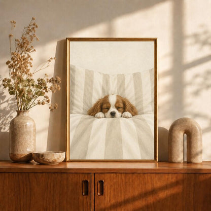 Sleeping Cavalier Spaniel Oil Painting, Puppy in Bed Print, Beige Nursery Wall Art, Neutral Bedroom Decor, Vintage Dog Print, Puppy Gift