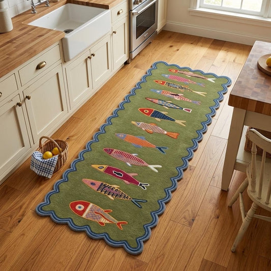Koi Fish Runner Rug | Hand Tufted Tribal Hallway Kitchen Decor | Fish Motif Entryway carpet
