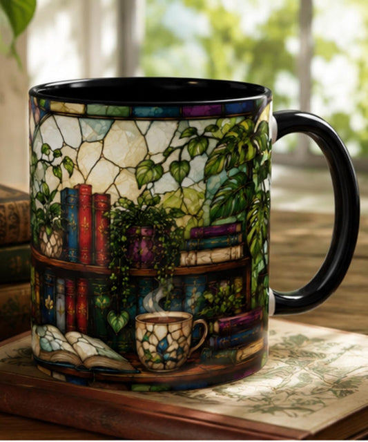 Floral Bookshelf Coffee Mug | Book Lover Gift | Stained Glass Style Mug | Library Aesthetic | Reader & Teacher Gift | Bookish Plant Lovers