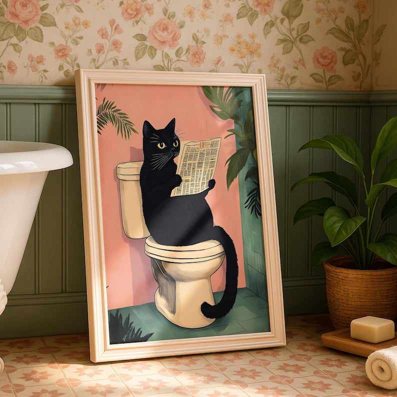 Black Cat Bathroom Art Print -  Funny Home Decor - Prints for bathroom - Shower Wall Art - Bathroom Wall Decor