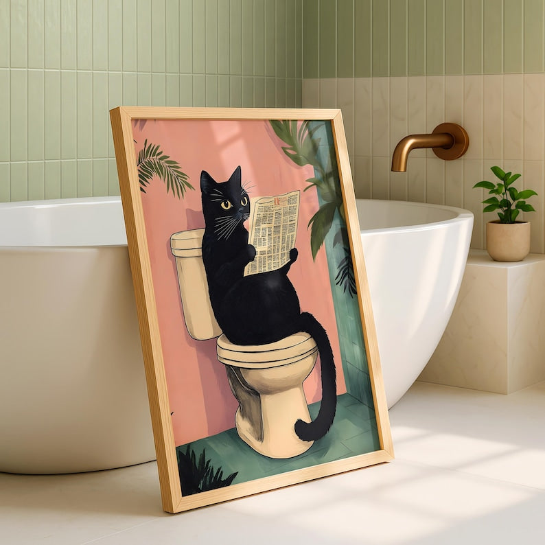 Black Cat Bathroom Art Print -  Funny Home Decor - Prints for bathroom - Shower Wall Art - Bathroom Wall Decor