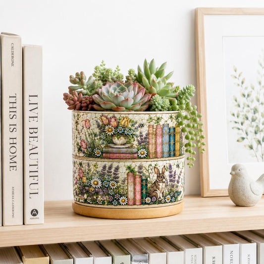 Spring Bunny Bookshelf Plant Pot, Teacher Gift, Bookworm Gifts, Reading Coffee Cup, Christmas Book Lover Gift, Librarian Gift For Her