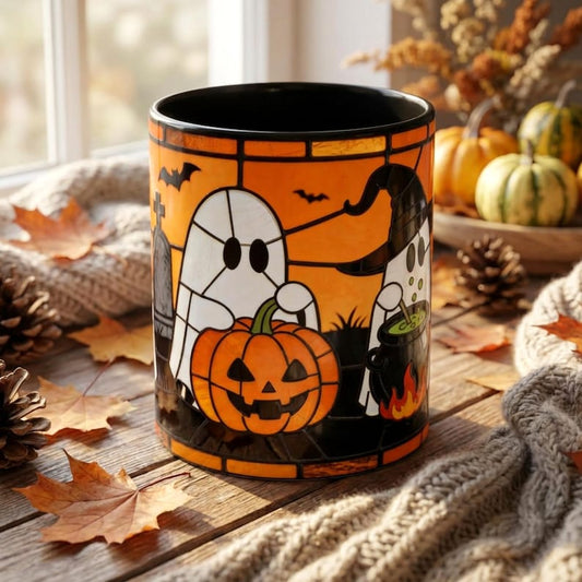 Stained Glass Halloween Mug, Ghost Pumpkin Coffee Mug, Spooky Season Mug Gift, Halloween Coffee Cup, Cute Ghost Mug, Halloween Gift for Her