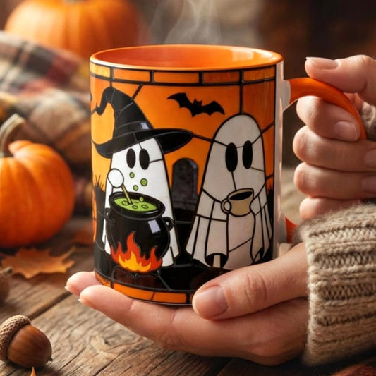 Stained Glass Halloween Mug, Ghost Pumpkin Coffee Mug, Spooky Season Mug Gift, Halloween Coffee Cup, Cute Ghost Mug, Halloween Gift for Her