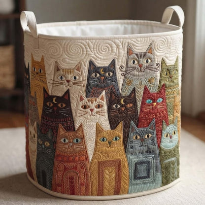 Colorful Cat Quilted Laundry Basket: Cute Cats Clothes Hamper, Whimsical Pet Storage Bin