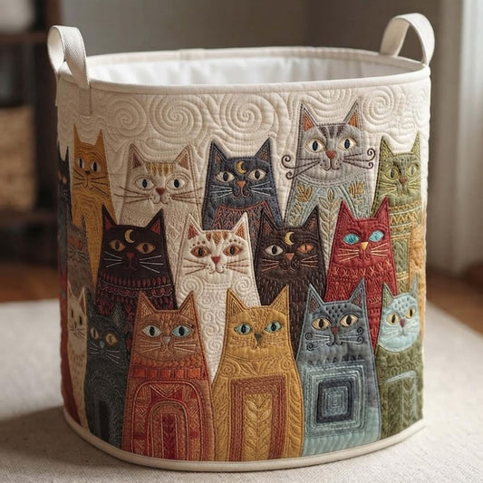 Colorful Cat Quilted Laundry Basket: Cute Cats Clothes Hamper, Whimsical Pet Storage Bin