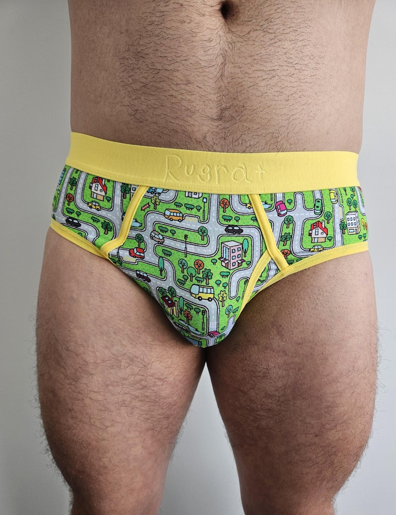 Men's Childhood-Inspired "Traffic" Design Briefs | Cartoon Traffic Print, Yellow Waistband