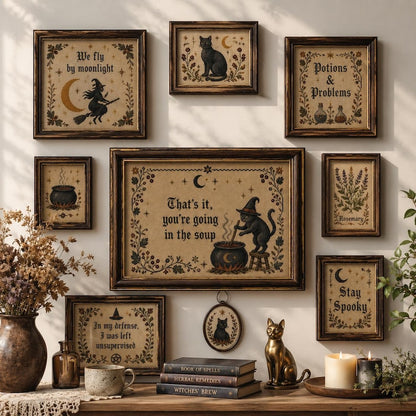 That's It You're Going in the Soup Wall Art, Funny Black Cat Witch Poster, Cross Stitch Look Printed Decor, Gothic Cottagecore Print