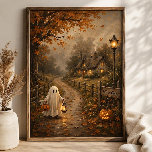 Vintage Halloween Ghost Wall Art, Autumn Pumpkin Patch Poster, Cozy Cottagecore Fall Decor, Spooky Season Print, Halloween Gift