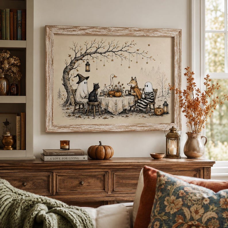 Whimsical Halloween Friends Wall Art, Ghost Fox Goose and Black Cat Poster, Vintage Cottagecore Fall Decor, Spooky Season Print