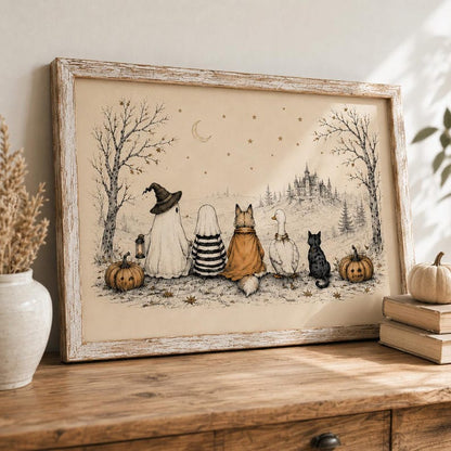 Whimsical Halloween Friends Wall Art, Ghost Fox Goose and Black Cat Poster, Vintage Cottagecore Fall Decor, Spooky Season Print