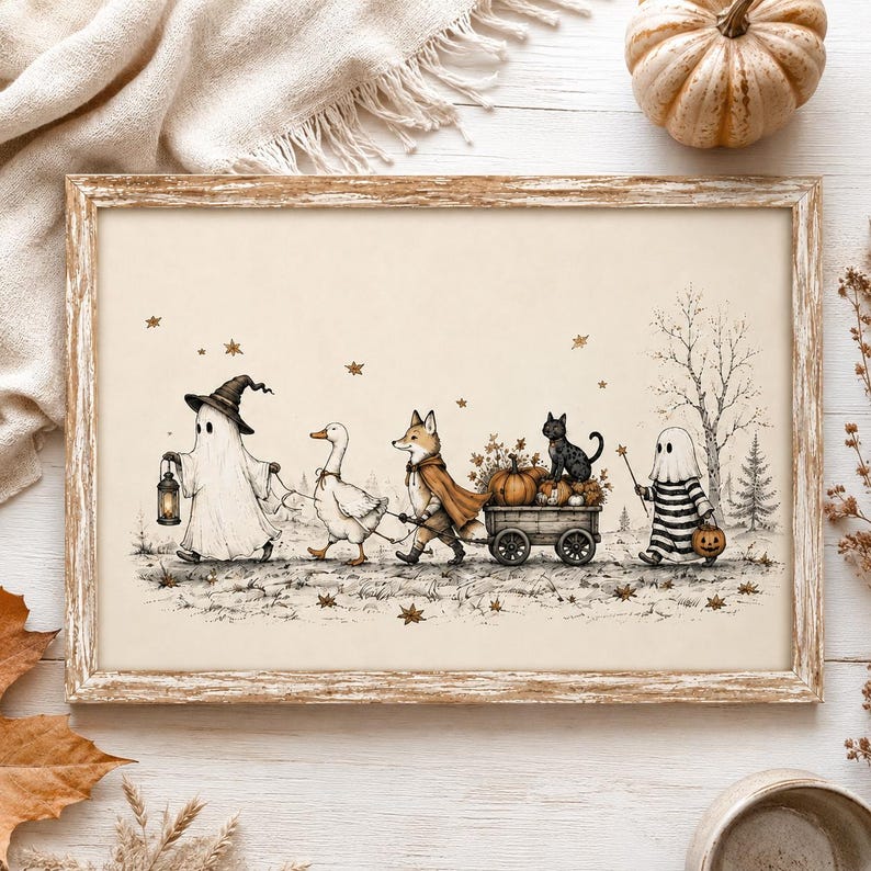 Whimsical Halloween Friends Wall Art, Ghost Fox Goose and Black Cat Poster, Vintage Cottagecore Fall Decor, Spooky Season Print