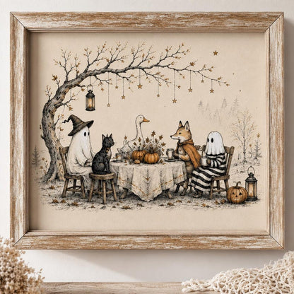 Whimsical Halloween Friends Wall Art, Ghost Fox Goose and Black Cat Poster, Vintage Cottagecore Fall Decor, Spooky Season Print