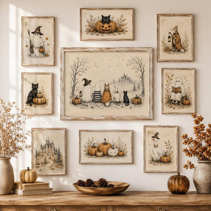 Whimsical Halloween Friends Wall Art, Ghost Fox Goose and Black Cat Poster, Vintage Cottagecore Fall Decor, Spooky Season Print
