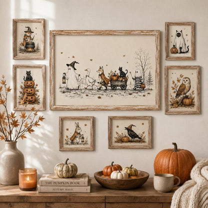 Whimsical Halloween Friends Wall Art, Ghost Fox Goose and Black Cat Poster, Vintage Cottagecore Fall Decor, Spooky Season Print