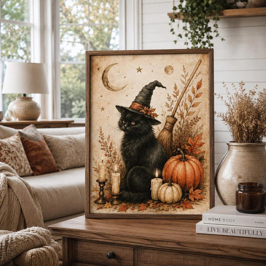 Black Cat Witch Wall Art, Vintage Style Halloween Poster, Cottagecore Pumpkin Print, Gothic Fall Decor, Gift for Cat and Witch Lovers