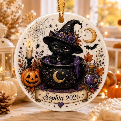 Custom Black Cat Halloween Ceramic Ornament, Halloween Cat Wooden , Skull, Black Cat, Primitive Halloween Decor, Housewarming Gift