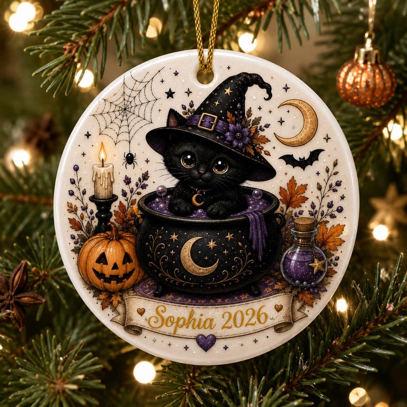 Custom Black Cat Halloween Ceramic Ornament, Halloween Cat Wooden , Skull, Black Cat, Primitive Halloween Decor, Housewarming Gift