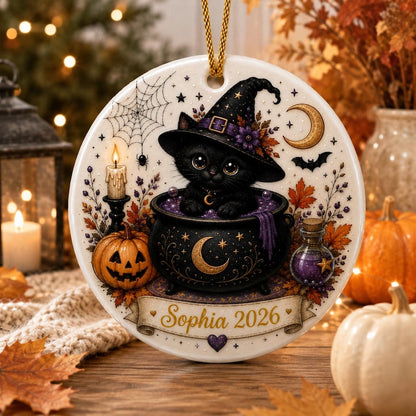Custom Black Cat Halloween Ceramic Ornament, Halloween Cat Wooden , Skull, Black Cat, Primitive Halloween Decor, Housewarming Gift