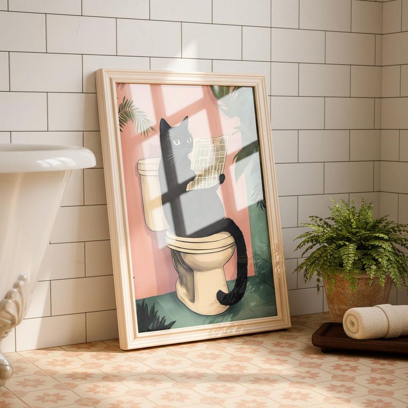 Black Cat Bathroom Art Print -  Funny Home Decor - Prints for bathroom - Shower Wall Art - Bathroom Wall Decor