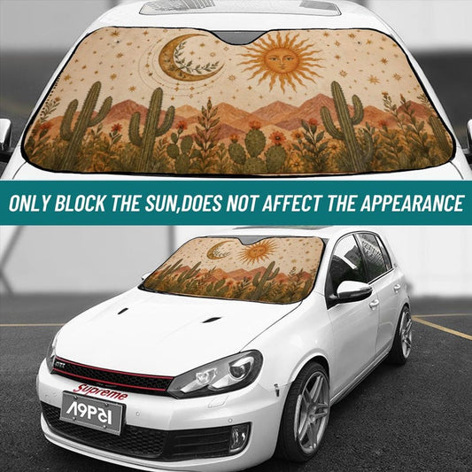 Celestial Desert Sunshade, Sun Moon Cactus Boho Car Accessory, Oxford Cloth Auto Shade