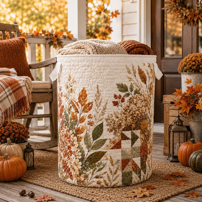 Quilted Laundry Basket, Fall Leaves Hamper, Autumn Farmhouse Storage Basket, Bedroom Organizer, Laundry Room Decor, Rustic Fall Home Decor