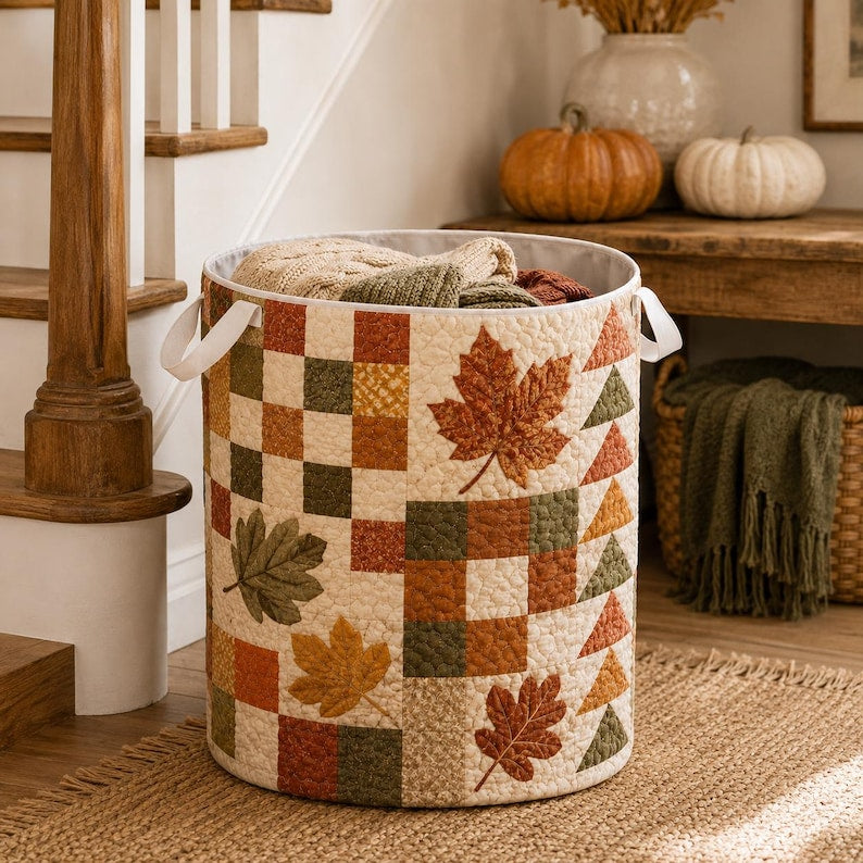 Quilted Laundry Basket, Fall Leaves Hamper, Autumn Farmhouse Storage Basket, Bedroom Organizer, Laundry Room Decor, Rustic Fall Home Decor