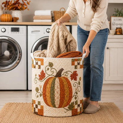 Quilted Laundry Basket, Fall Pumpkin Hamper, Autumn Leaf Storage Basket, Farmhouse Laundry Room Decor, Bedroom Organizer, Rustic Fall Decor