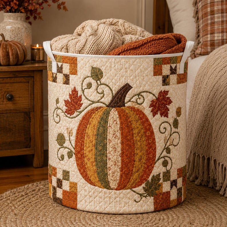 Quilted Laundry Basket, Fall Pumpkin Hamper, Autumn Leaf Storage Basket, Farmhouse Laundry Room Decor, Bedroom Organizer, Rustic Fall Decor