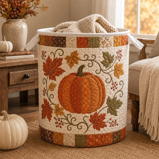 Quilted Laundry Basket, Fall Pumpkin Hamper, Autumn Leaf Storage Basket, Farmhouse Laundry Room Decor, Bedroom Organizer, Rustic Fall Decor