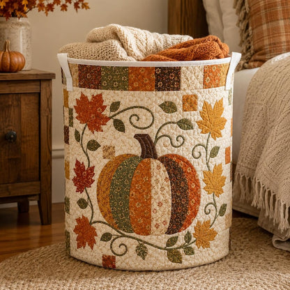 Quilted Laundry Basket, Fall Pumpkin Hamper, Autumn Leaf Storage Basket, Farmhouse Laundry Room Decor, Bedroom Organizer, Rustic Fall Decor
