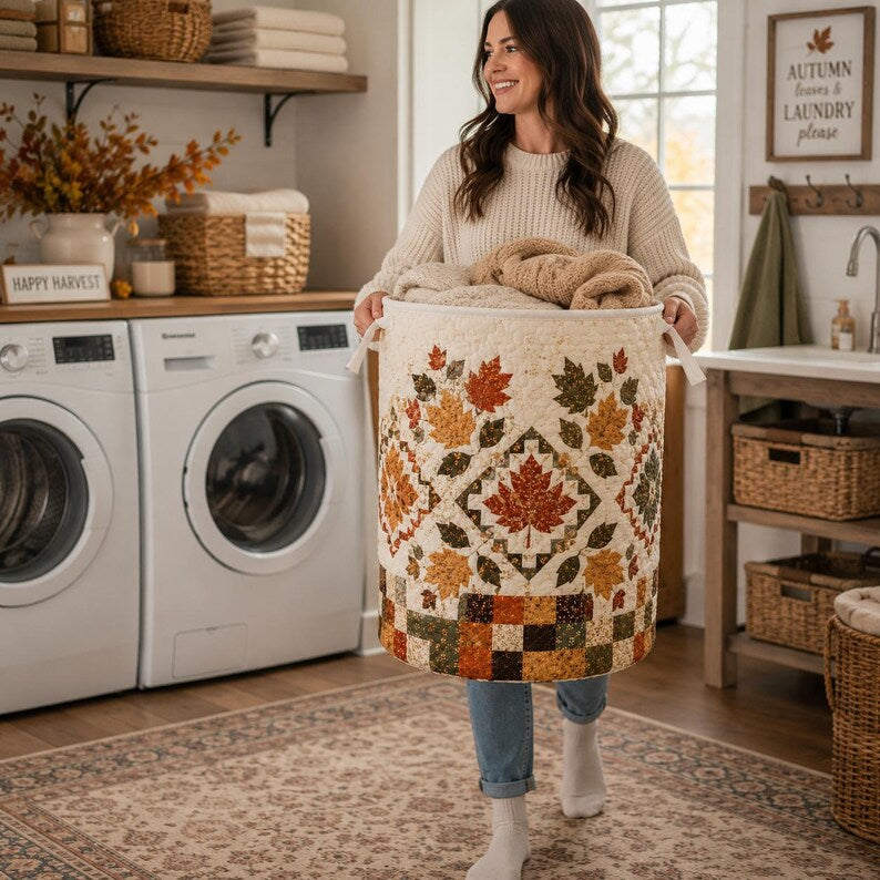 Quilted Laundry Basket, Fall Leaf & Pumpkin Hamper, Autumn Farmhouse Storage Basket, Laundry Room Decor, Bedroom Organizer, Fall Home Decor