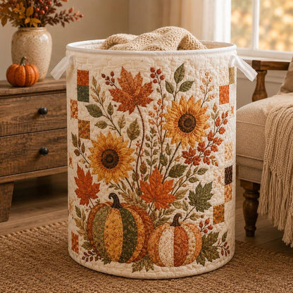 Quilted Laundry Basket, Fall Leaf & Pumpkin Hamper, Autumn Farmhouse Storage Basket, Laundry Room Decor, Bedroom Organizer, Fall Home Decor