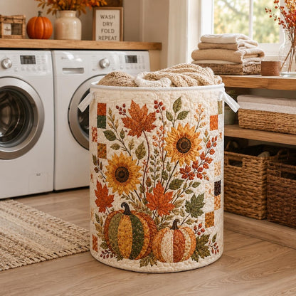 Quilted Laundry Basket, Fall Leaf & Pumpkin Hamper, Autumn Farmhouse Storage Basket, Laundry Room Decor, Bedroom Organizer, Fall Home Decor