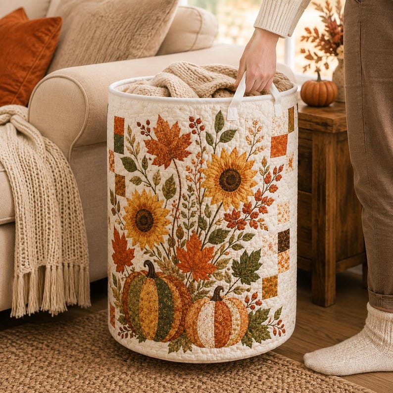 Quilted Laundry Basket, Fall Leaf & Pumpkin Hamper, Autumn Farmhouse Storage Basket, Laundry Room Decor, Bedroom Organizer, Fall Home Decor