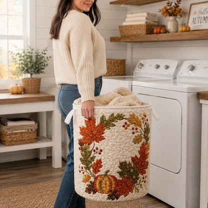 Quilted Laundry Basket, Fall Leaf & Pumpkin Hamper, Autumn Farmhouse Storage Basket, Laundry Room Decor, Bedroom Organizer, Fall Home Decor