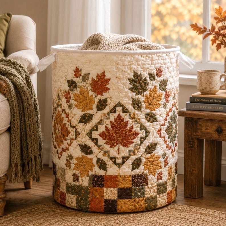 Quilted Laundry Basket, Fall Leaf & Pumpkin Hamper, Autumn Farmhouse Storage Basket, Laundry Room Decor, Bedroom Organizer, Fall Home Decor