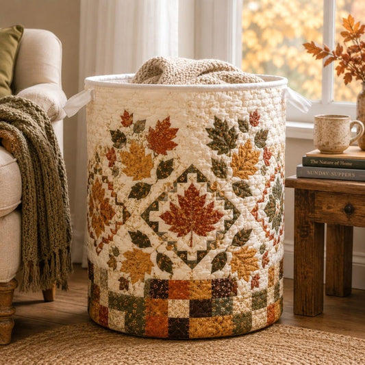 Quilted Laundry Basket, Fall Leaf & Pumpkin Hamper, Autumn Farmhouse Storage Basket, Laundry Room Decor, Bedroom Organizer, Fall Home Decor