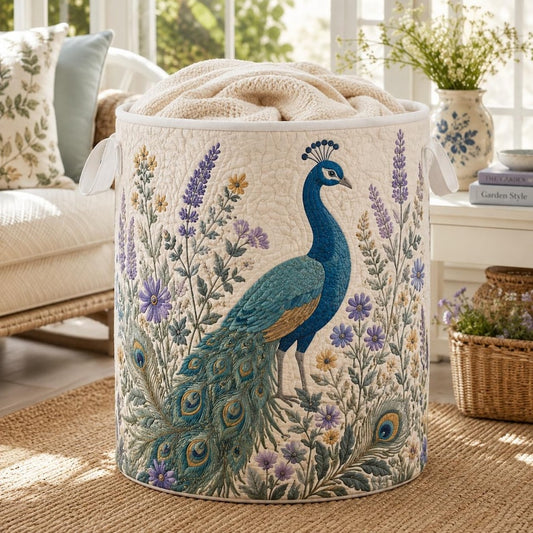 Quilted Laundry Basket, Peacock Hamper, Floral Storage Basket, Cottagecore Laundry Room Decor, Bedroom Organizer, Boho Home Decor