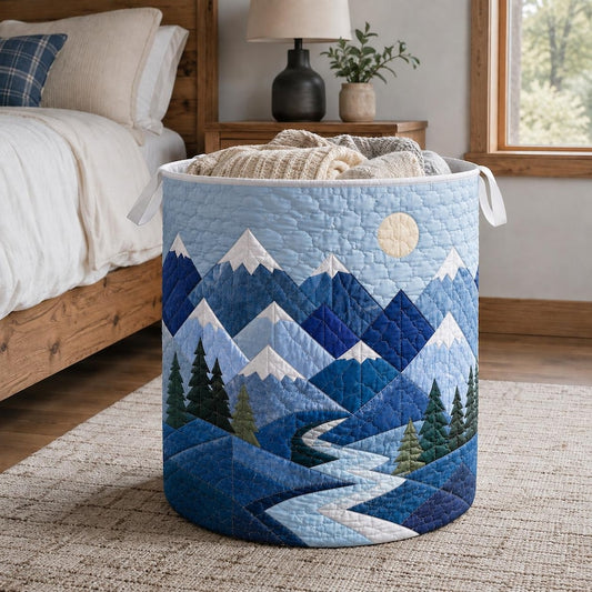 Quilted Laundry Basket, Mountain Landscape Hamper, Cabin Storage Basket, Rustic Bedroom Organizer, Lodge Home Decor, Blanket Storage