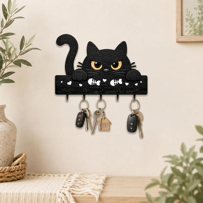 Black Cat Key Holder, Funny Wooden Wall Rack, Pet Lover Entryway Organizer