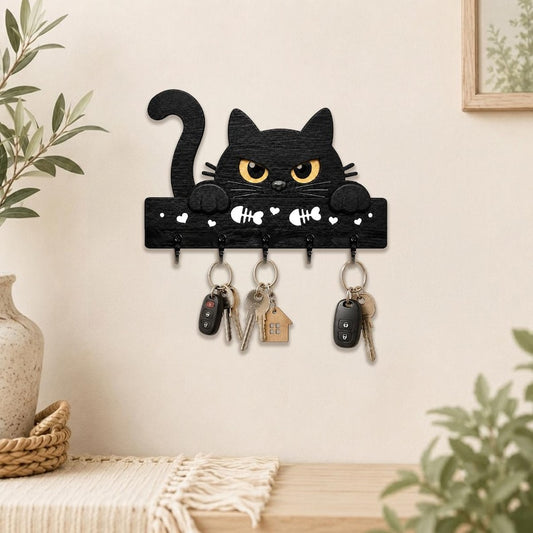 Black Cat Key Holder, Funny Wooden Wall Rack, Pet Lover Entryway Organizer