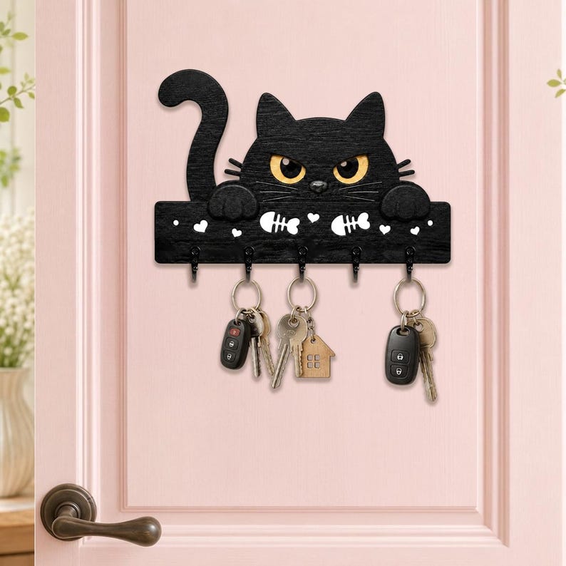 Black Cat Key Holder, Funny Wooden Wall Rack, Pet Lover Entryway Organizer