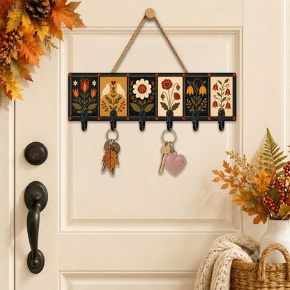 Folk Art Botanical Floral Wooden Key Holder: Scandinavian Bird Wall Hook, Vintage Decor Gift