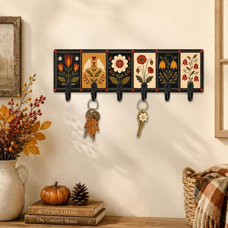 Folk Art Botanical Floral Wooden Key Holder: Scandinavian Bird Wall Hook, Vintage Decor Gift