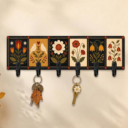 Folk Art Botanical Floral Wooden Key Holder: Scandinavian Bird Wall Hook, Vintage Decor Gift