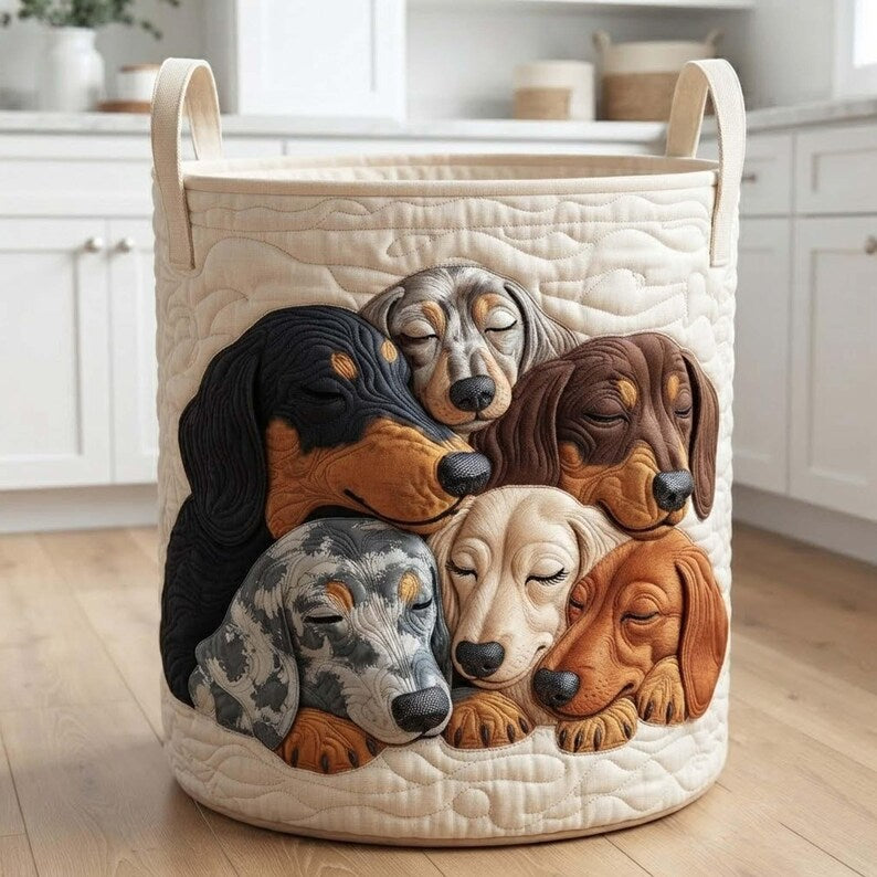 Sleeping Dachshund Quilted Laundry Basket: Botanical Dog Animal Storage Bin, Quilted Fabric Hamper