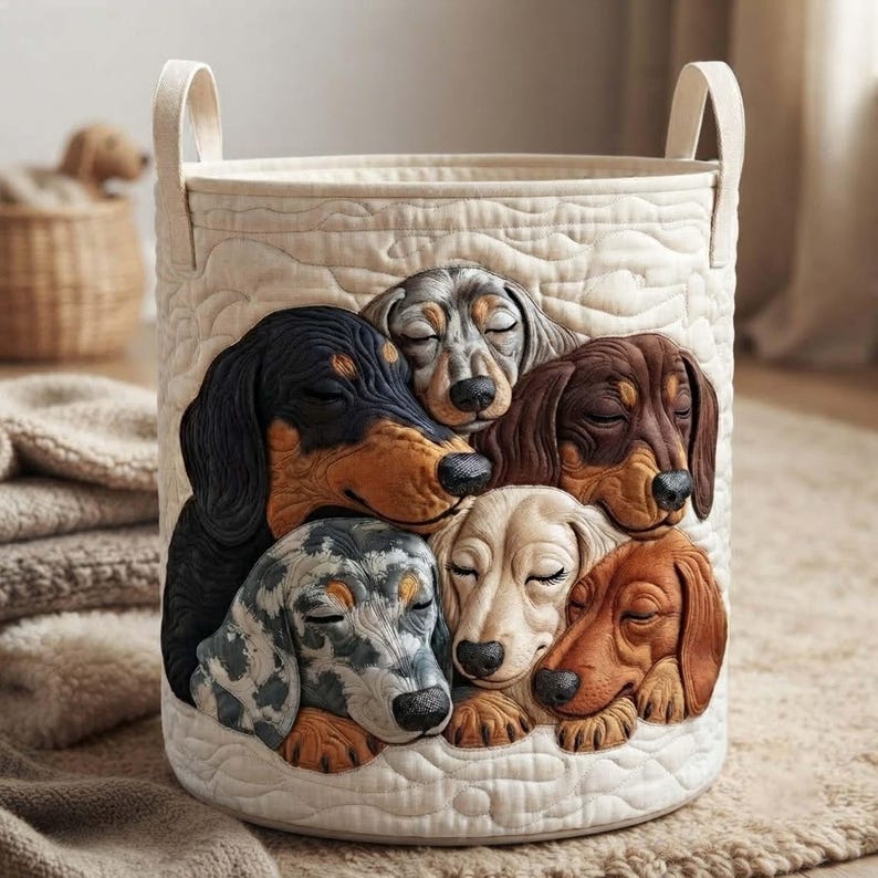 Sleeping Dachshund Quilted Laundry Basket: Botanical Dog Animal Storage Bin, Quilted Fabric Hamper