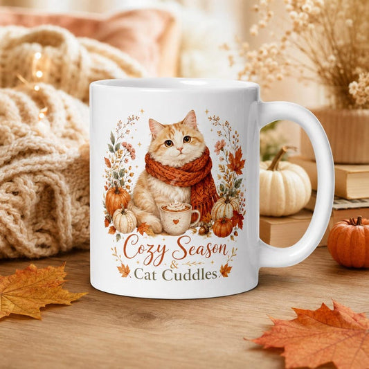 Cozy Season Cat Mug, Autumn Scarf Cat Lover Gift, Watercolor Pumpkin Spice Cup